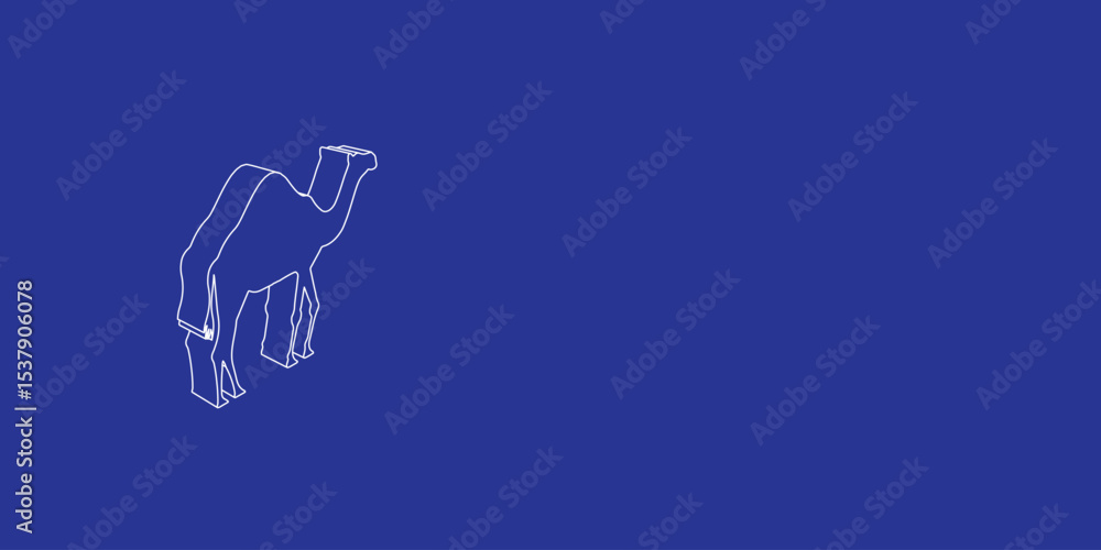 Poster the outline of a large camel symbol made of white lines on the left. 3d view of the object in perspe