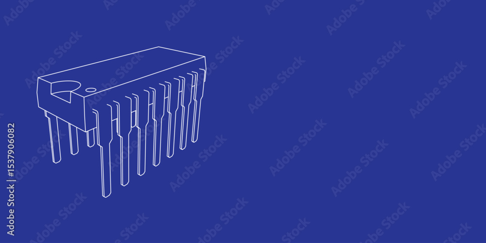 Poster the outline of a large integrated circuit symbol made of white lines on the left. 3d view of the obj