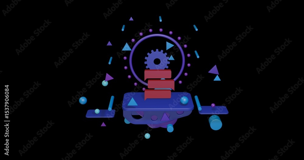 Poster red discussion symbol on a pedestal of abstract geometric shapes floating in the air. abstract conce