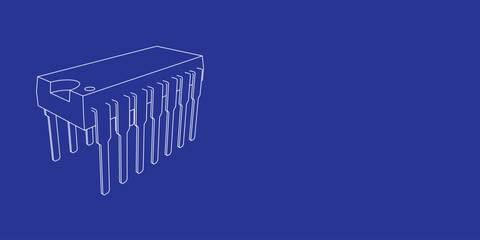 The outline of a large integrated circuit symbol made of white lines on the left. 3D view of the object in perspective. Vector illustration on indigo background