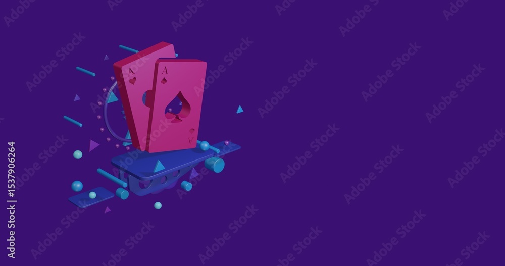 Poster pink two aces symbol on a pedestal of abstract geometric shapes floating in the air. abstract concep