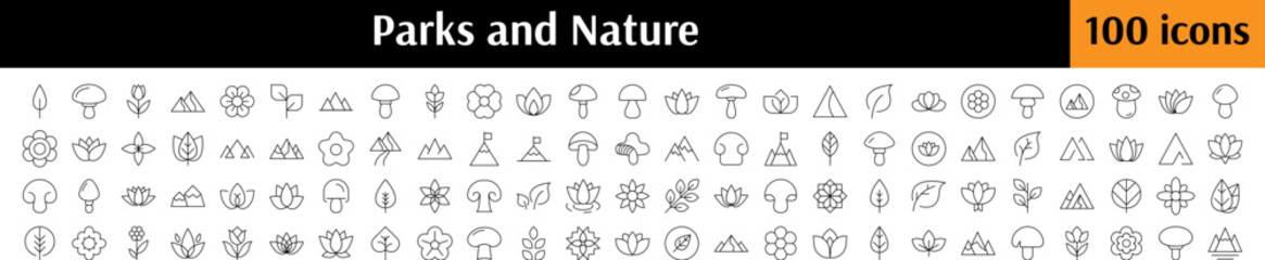 Nature and Parks Line Icon Set. Contains Icons of Flowers, Leaves, Mountains, Mushroom for Graphics, Concept, Apps