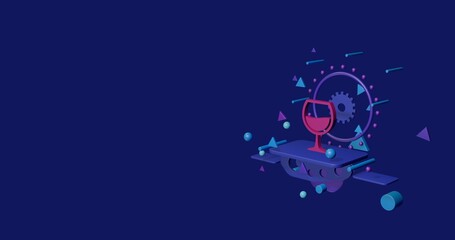 Pink wineglass symbol on a pedestal of abstract geometric shapes floating in the air. Abstract concept art with flying shapes on the right. 3d illustration on indigo background