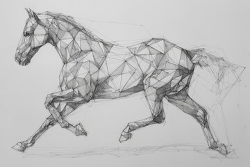 Geometric design of a running horse in pencil sketch.