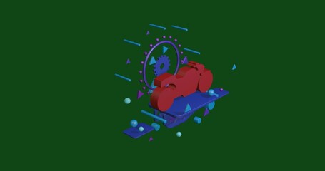 Red bike symbol on a pedestal of abstract geometric shapes floating in the air. Abstract concept art with flying shapes in the center. 3d illustration on green background