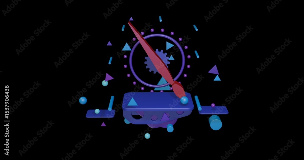 Poster red artistic brush symbol on a pedestal of abstract geometric shapes floating in the air. abstract c