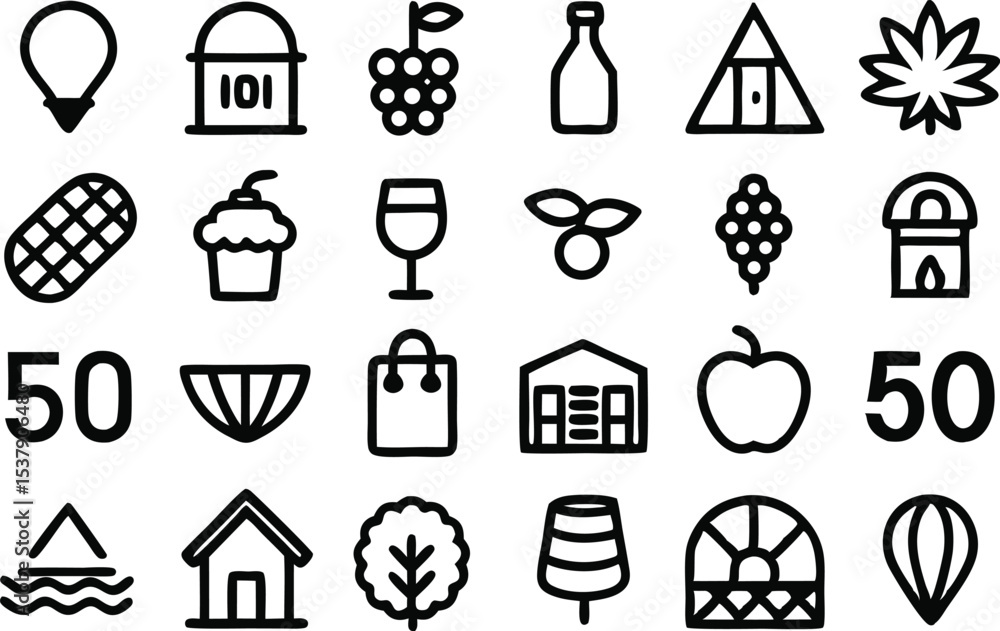 Poster high quality outline icon set featuring a vineyard and related elements for design projects