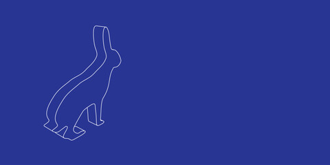 The outline of a large hare symbol made of white lines on the left. 3D view of the object in perspective. Vector illustration on indigo background