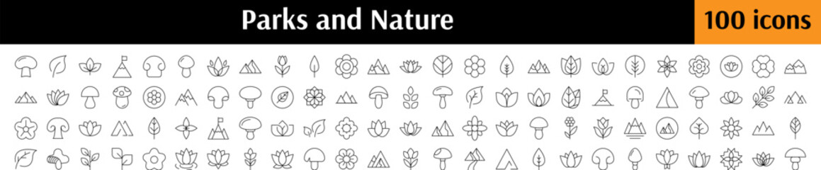 Nature and Parks Icon Collection. Contains Icons of Flowers, Leaves, Mountains, Mushroom for Graphics, Concept, Apps