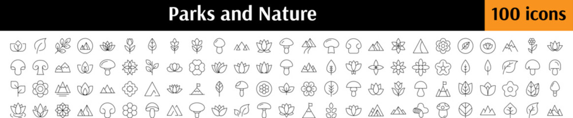 Nature and Parks Icon Pack. Contains Icons of Flowers, Leaves, Mountains, Mushroom for Graphics, Concept, Apps