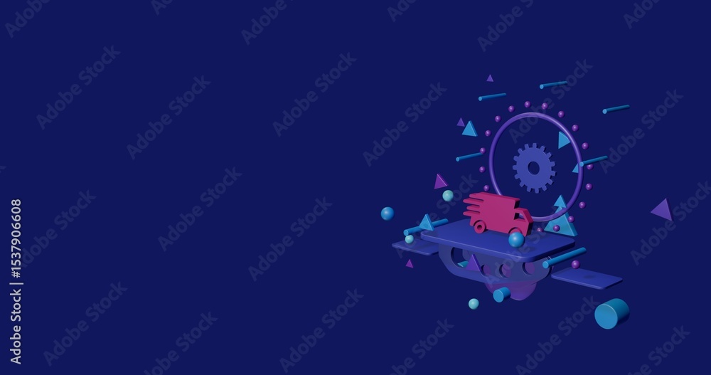 Poster pink delivery symbol on a pedestal of abstract geometric shapes floating in the air. abstract concep