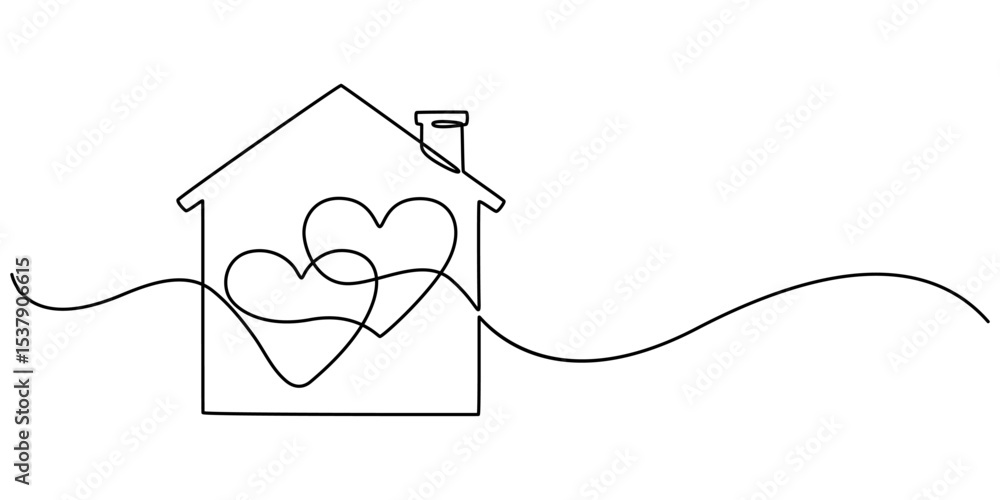 Poster home sweet home continuous line icon, minimalistic one line drawing of house within heart shape symb