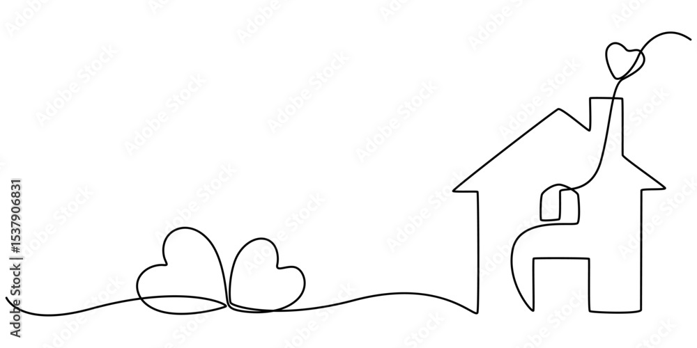 Poster home sweet home continuous line icon, minimalistic one line drawing of house within heart shape symb