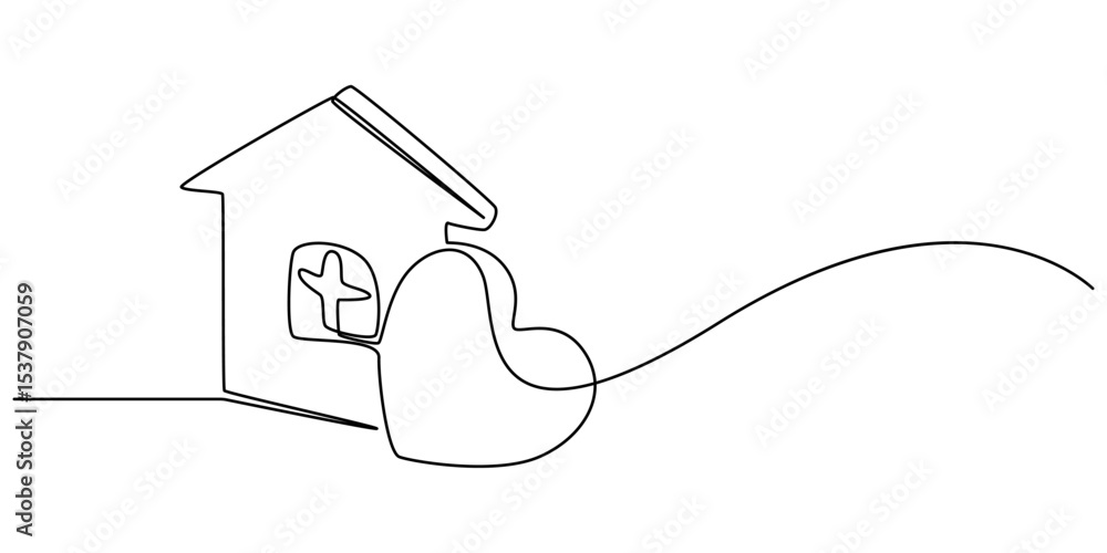 Poster home sweet home continuous line icon, minimalistic one line drawing of house within heart shape symb
