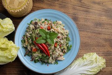 Mackerel salad, traditional Thai food, spicy and refreshing. The concept of authentic Thai food recipes that are highly popular.