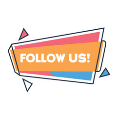 Geometric banner in red, yellow, and blue promotes audience engagement with Follow Us!