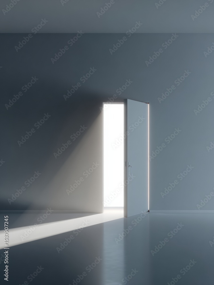 Poster Unexpected Door Ajar in Smooth White Wall Reveals Light, Creating a Contrast of Shadows and Brightness in a Minimalist Environment
