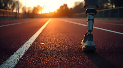 Athlete with prosthetic leg standing on running track at sunset