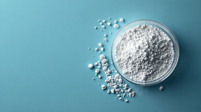 Top view of fine white powdered zinc oxide in a clear glass petri dish. Crystalline texture captured in a clean, minimal scientific setup on a neutral grey background. Macro-style laboratory photo.

