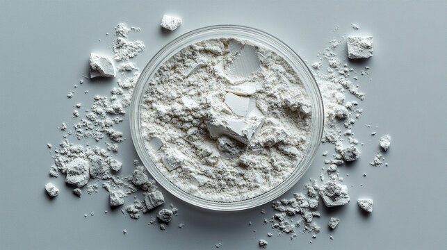 Top view of fine white powdered zinc oxide in a clear glass petri dish. Crystalline texture captured in a clean, minimal scientific setup on a neutral grey background. Macro-style laboratory photo.

