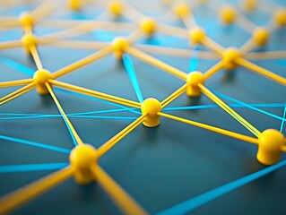Detailed Network Grids of Yellow Nodes Intersecting Bright Blue Lines