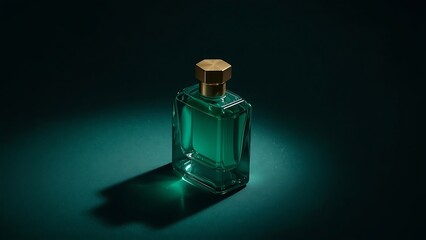 Elegant green perfume bottle with golden cap on dark teal background advertising fragrance