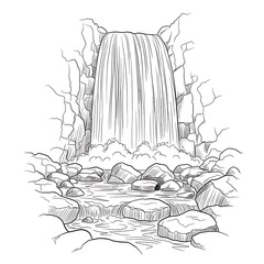 Sketch of waterfall flowing over rocks into stream, nature drawing