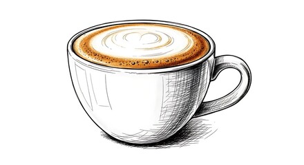 Sketch style coffee cup with latte art on white background.