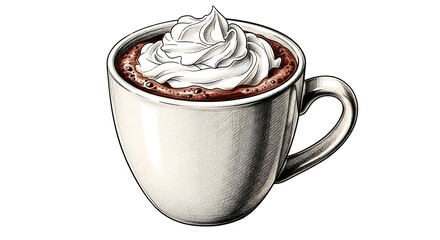 Sketch of hot chocolate in a mug with whipped cream topping