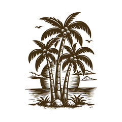Fototapeta premium Palm Tree Beach Sunset Illustration, Vintage Tropical Coconut Tree Drawing