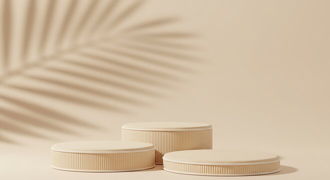 Minimalist beige product display podium with tropical palm leaf shadow background