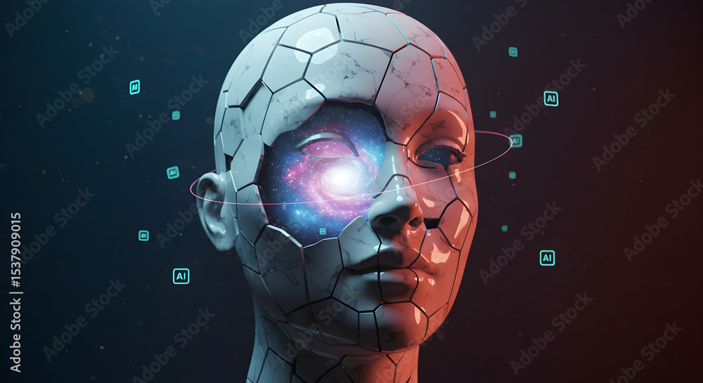 Poster abstract 3d rendering of an artificial intelligence head with a cosmos inside