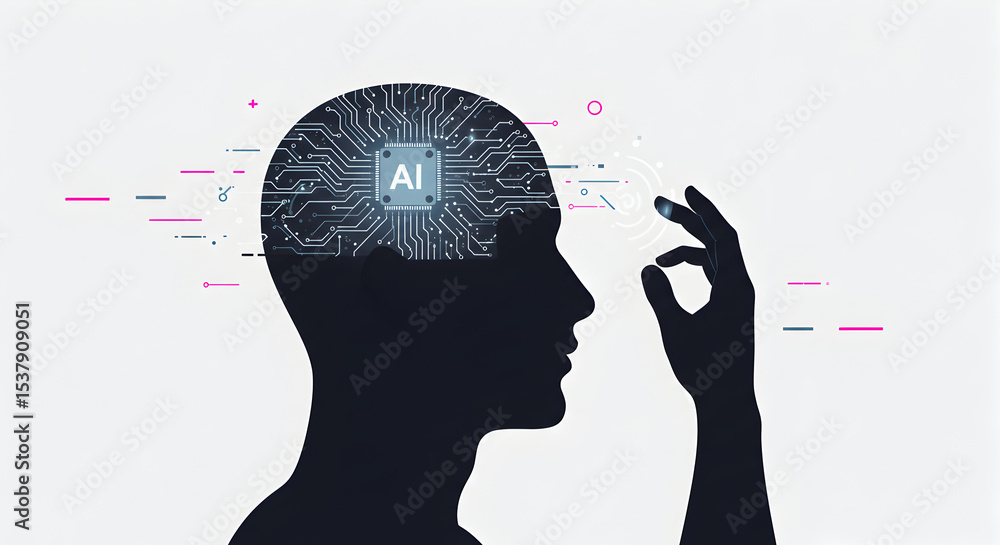 Poster conceptual illustration of ai in a human brain with a circuit board design