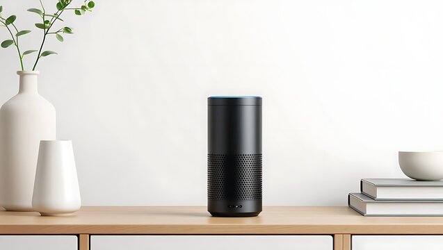 Modern amazon echo smart speaker on a wooden tabletop with decorative elements