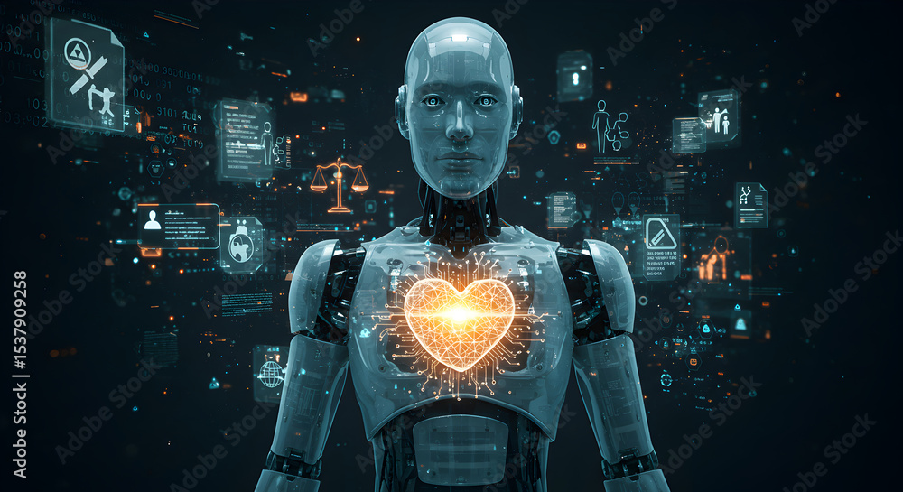 Aufkleber conceptual illustration of an ai robot with a glowing heart and digital interface