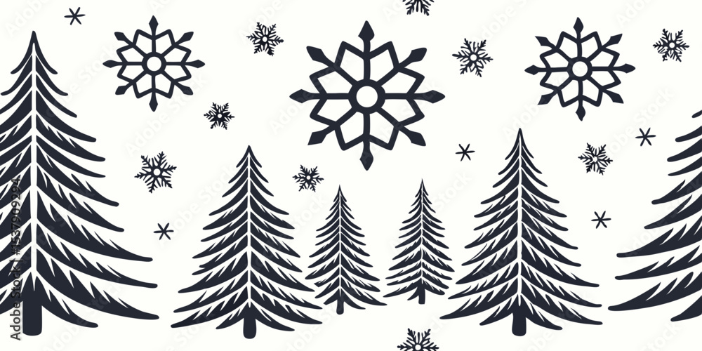 Poster seamless vector pattern of trees and snowflakes in winter design