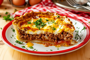 Homemade meat pie filled with minced beef, egg, and melted cheese, served fresh with parsley, ideal for comfort food concepts