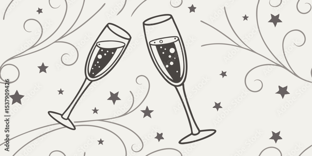 Poster champagne flutes with bubbles and decorative swirls in seamless vector pattern
