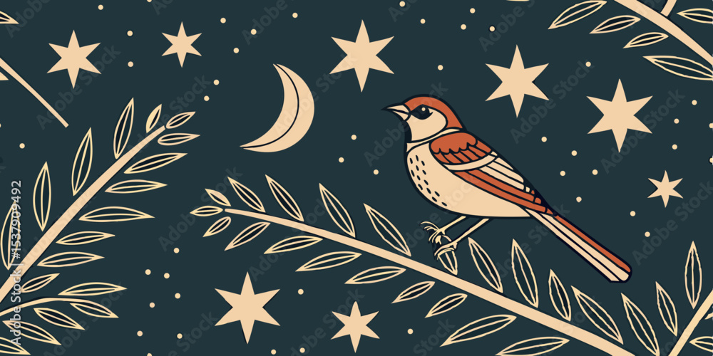Poster pattern featuring a sparrow on branch with stars and moon at night - concept of seamless vector patt