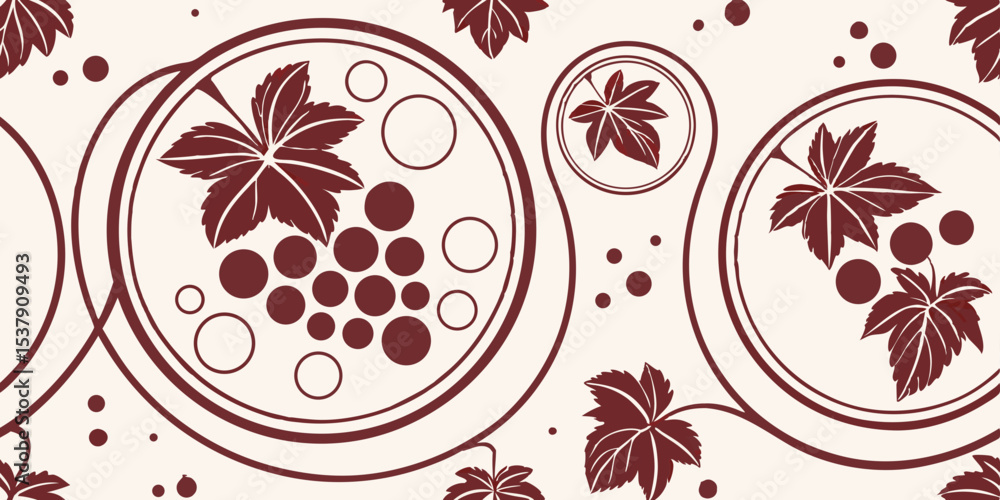 Poster seamless vector pattern with circular grape designs and leaves