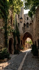 Obraz premium Stone Alleyway Vista: Cobblestone Path Through Medieval Architecture, Illuminated by Natural Light and Greenery, Creating a Timeless Scene.