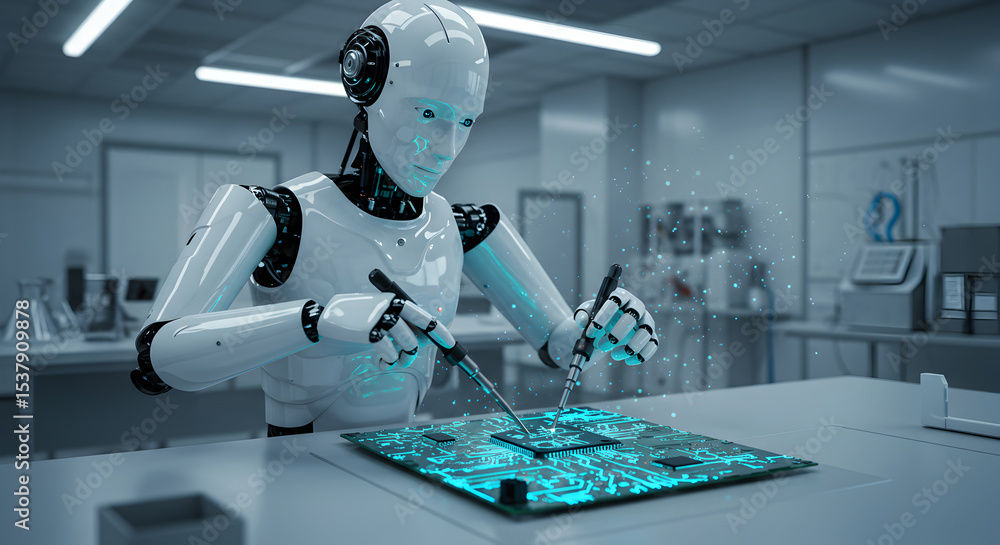 Poster artificial intelligence robot working on a circuit board in a laboratory