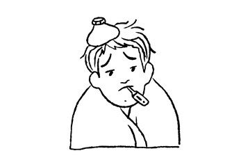 A man has a fever set on white background. Sketch of boy has a cold on white board. Illustration of a man is not feeling well