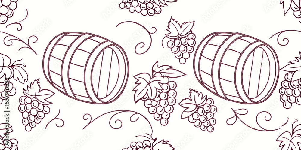Poster seamless vector pattern with stylized barrels and grape clusters