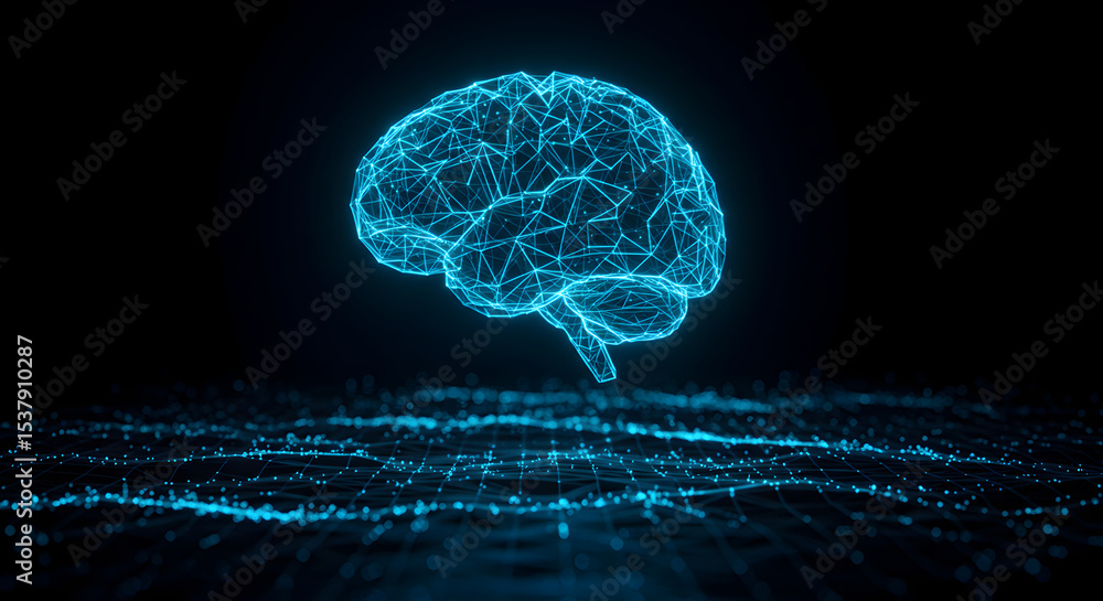 Poster digital brain illustration: conceptual art of artificial intelligence and neural networks