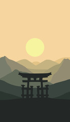 flat vector mountain scenery with simple vertical chinese gate silhouette background