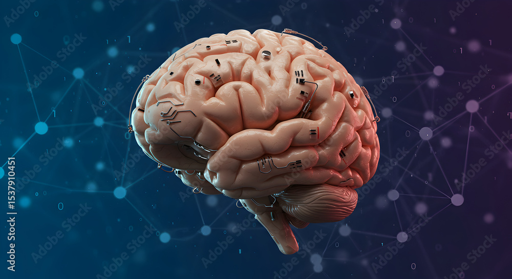 Poster conceptual 3d rendering of a human brain with integrated technology and data networks