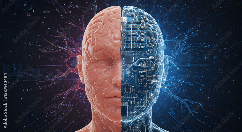 Poster human brain split into biological and artificial components to show ai and consciousness