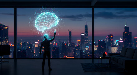 Futuristic depiction of human interacting with a digital brain overlay with cityscape background