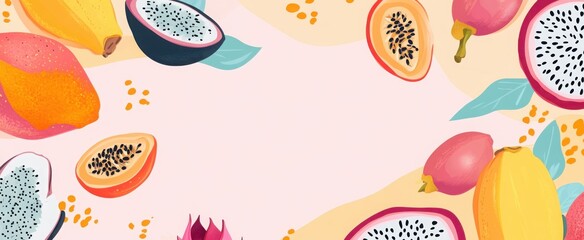 tropical fruit set papaya dragon fruit passion fruit coconut seamless pattern